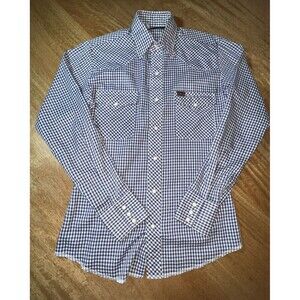 Vintage Wrangler Men’s Size S Small Pearl Snap Western Shirt Blue Gingham Plaid